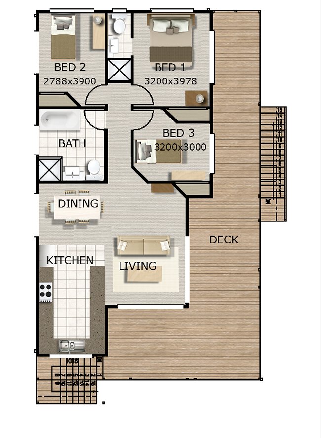 3  bed -beach home floor plans