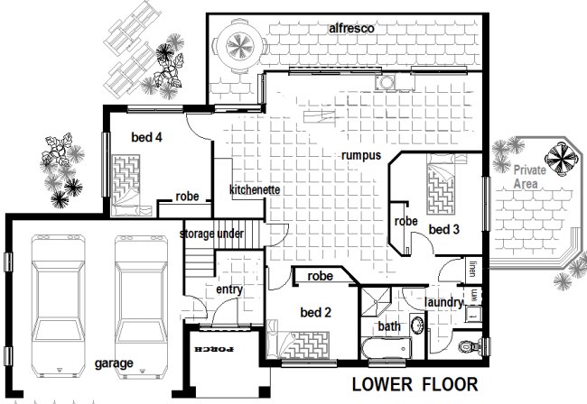 Dual Livinag Areas-4 Bed Room House Plan: